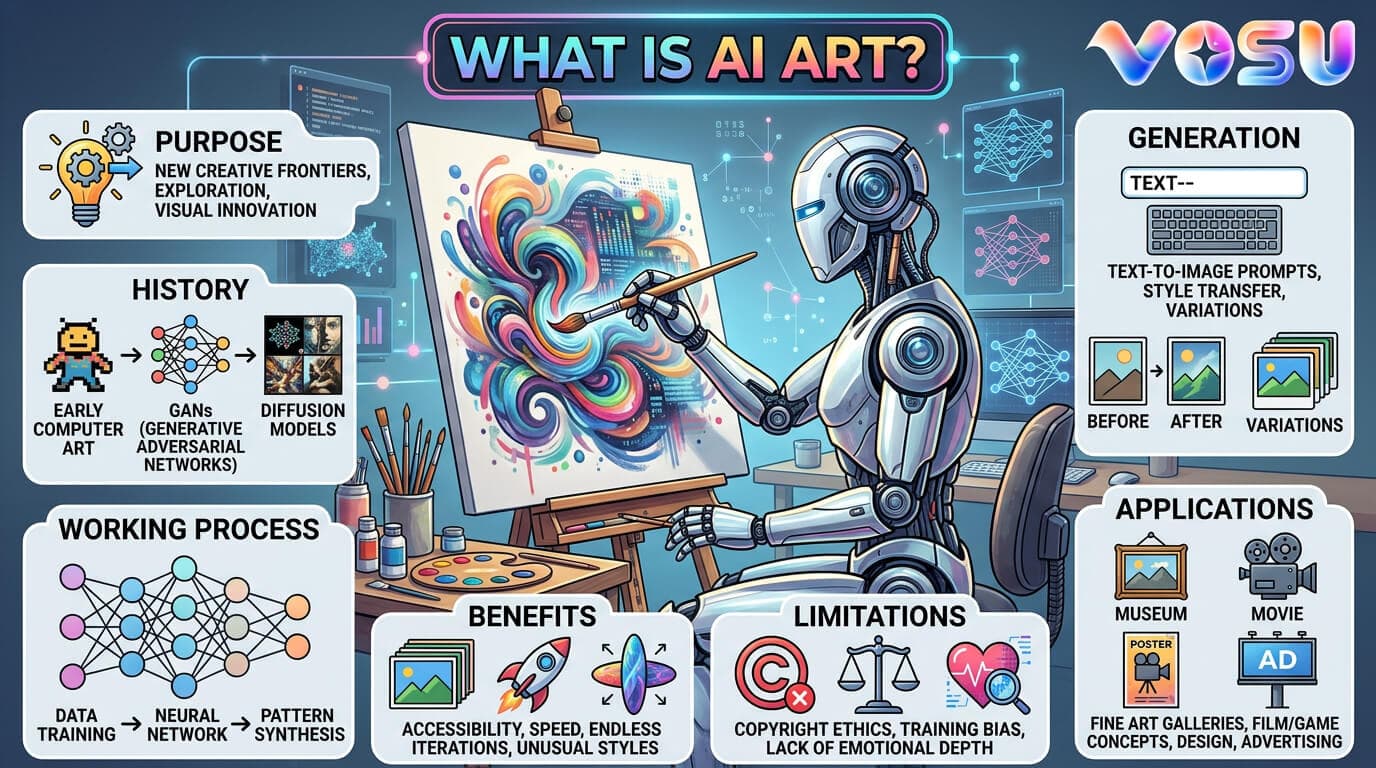 What is AI art? Purpose, History, Working Process, Generation, Applications, Benefits and Limitations