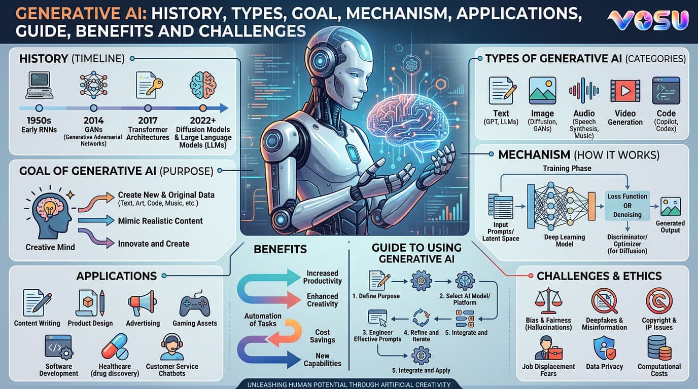 Generative AI: History, Types, Goal, Mechanism, Applications, Guide, Benefits and Challenges